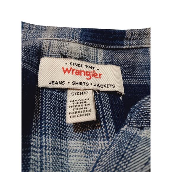 WRANGLER Boho Peasant Top Blouse Flowy Small Plaid Yoke Crochet Blue Casual - Picture 5 of 8